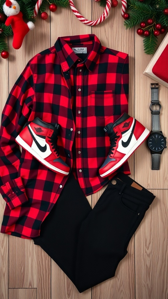 Flat lay of Christmas outfit with Jordan 1 Mid sneakers, red flannel, and accessories.